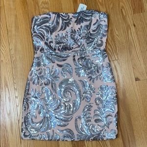 Blush pink silver sequins strapless mini dress